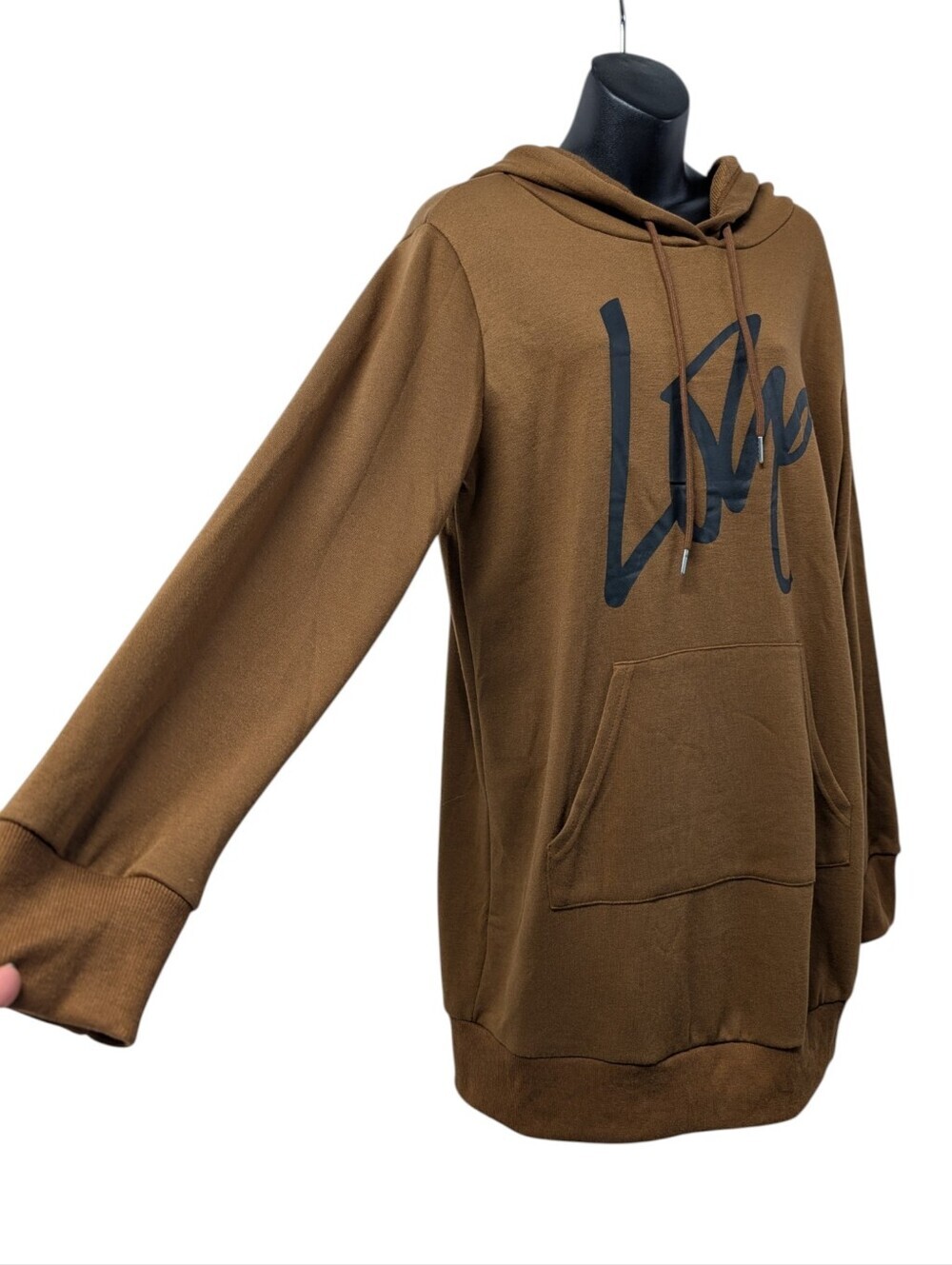 Pretty Garden Brown "Live" Script Hoodie L Long Pullover Sweatshirt Pocket NWT - Picture 3 of 8